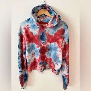 Aviator Nation Size Large Tie Dye Hoodie Raw Hem Cropped Pullover Sweatshirt
